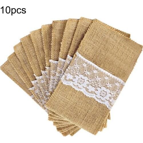 10pcs Christmas Natural Jute Burlap Lace Tableware Holders Fork Knife Storage Pocket Cutlery Stand for Wedding Table Decorative