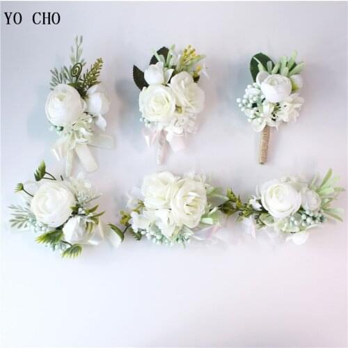 White Silk Flower Corsage Bracelet for Bridesmaids Artificial Flower Wedding Corsage and Boutonniere Wedding Brooch Accessories