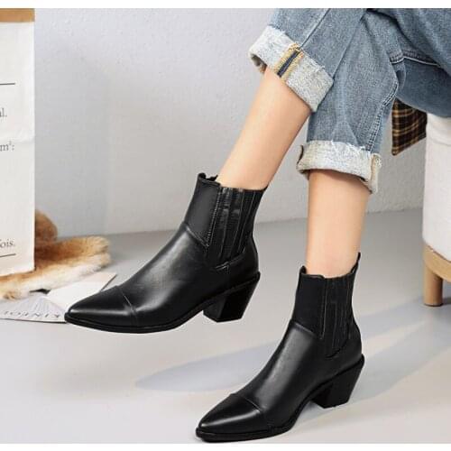 Soft Leather Boots Women Pointed Toe High Heel Ankle Boots Thick Square Heel Slip on Western Boots Cowboy Boots Women 2021 New