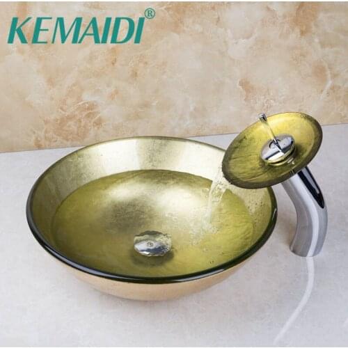 KEMAIDI Luxury Bathroom Glass Vessel Vanity Sink Faucet Set with Free Pop Up Drain Bathroom Basin Mixer Set