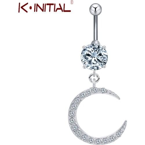 Kinitial Rhinestone Moon Dangle Button Barbell Belly Navel Piercing Ring Bar Body Piercing Rings Nombril Jewelry