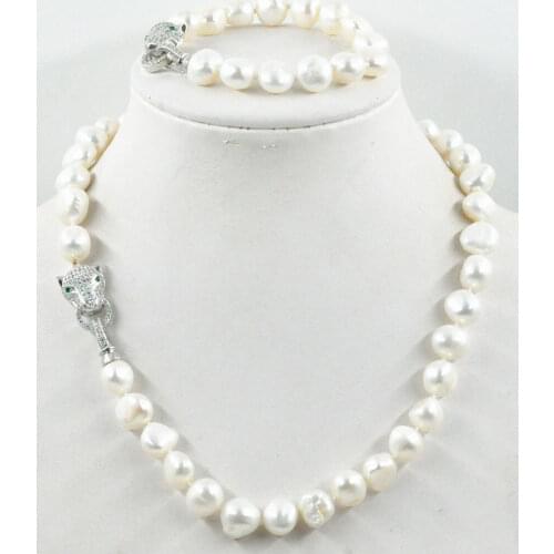 NEW 11-12mm white gray Irregular shaped baroque pearl necklace bracelet set leopard Clasp set 19"