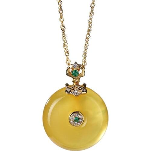 S925 sterling silver gold plated Natural Amber Beeswax Pendant Retro Personality Peace buckle Ladies Chain set Necklace Pendant