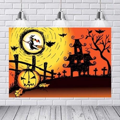 Laeacco Halloween Photo Backdrop Cartoon Pumpkin Lantern Castle Witch Broom Baby Photography Background For Photo Studio