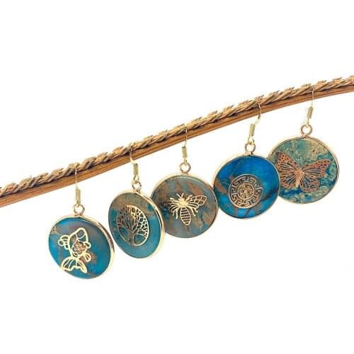 Fashion Earrings Natural Blue Shoushan Stone Round Jewelry Edging DIY Production Pendant Ear Studs Earring Jewelry Wholesale