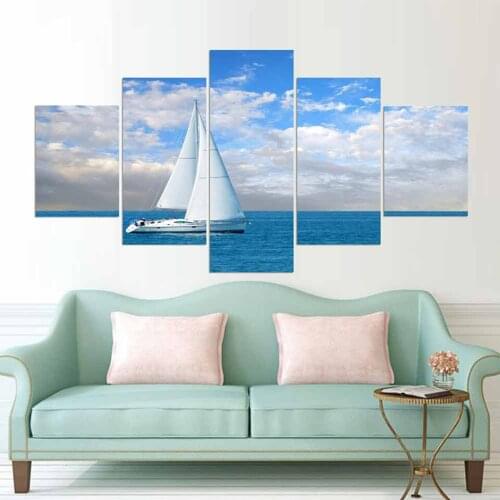 Five-Piece Set Home Decoration Canvas Painting Sea Sailing Boat Hd Landscape Art Wall Poster Bedside Background Modular Picture
