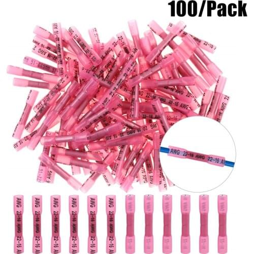 100PCS 22-16 AWG Heat Shrink Crimp Terminals Waterproof Fully Insulated Seal Butt Electrical Wire Connectors Kit Assortment Red