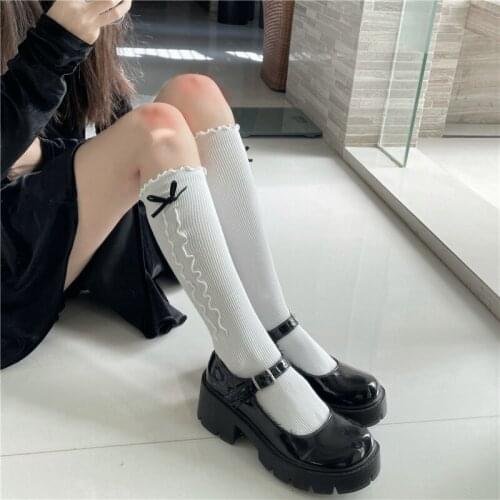 Tube Socks Womens Spring JK Bow Wooden Ear Cute Japanese Style Lolita Style Socks Lolita Lace Calf Socks Women
