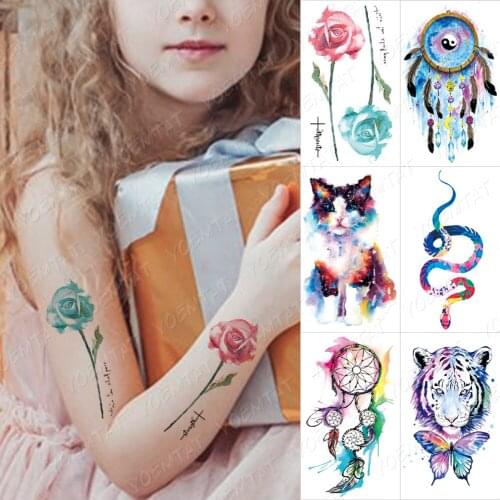 Waterproof Temporary Tattoo Sticker For Kids Girl Colorful Feather Leaf Fake Tatoo Lotus Rose FLower 3D Body Art Tattos Makeup