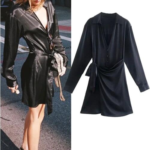 TRAF Za 2021 Black Wrap Dress Women Mini Satin Dress Woman Button Up Long Sleeve Short Dresses Autumn Elegant Party Dresses