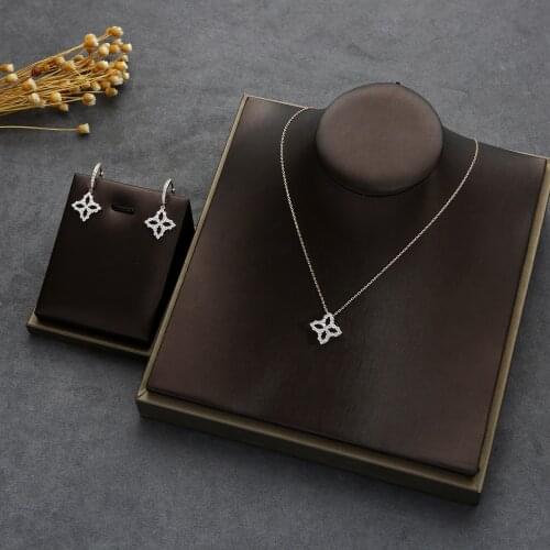 New Lucky Flower Charms Pendant Tennis Chain Choker Necklace Earring Cubic Zirconia Jewelry Set For Women Wedding Party D1501