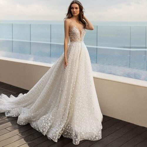 Eightree Vintage Backless Wedding Dresses Shiny Lace Boho Bride Dress Vestido de Noiva 2021 Beach Wedding Gowns Custom Made