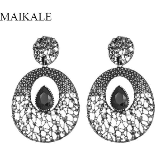 MAIKALE Vintage Round Big Earrings Exaggerated Alloy Stud Earrings for Women Black Rhinestone Metal Hanging Earing Party Jewelry