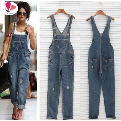 2020 New Stylish Casual Loose Vintage Women Denim Overalls Scratched Washed Ripped Hole Girl Full Lengt Pants Female Jumpsuits