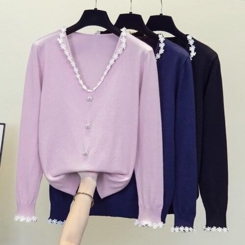 Korean Tops 2021 Women Winter Flower Lace Beading Retro Pullover Sweater Ladied Winter Outer Wear Oversized Floral Sweater