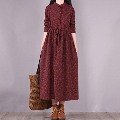 Women Cotton Linen Casual Dress New 2021 Spring Vintage Style Floral Print Peter Pan Collar Loose Female Long Dresses T002
