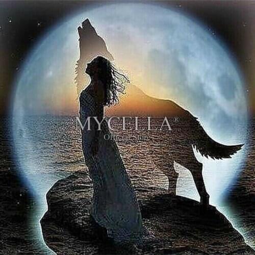 5D Diy Diamond Painting Cross Stitch Full Round Crystal Diamond Mosaic Embroidery Girl Wolf Moon Home Decoration Rhinestone