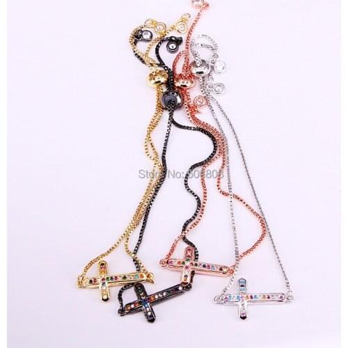 6PCS ZYZ-B0473 Micro Pave CZ Cross Connector Bracelet, Rainbow CZ Cubic Zirconia Pave Cross Bracelet
