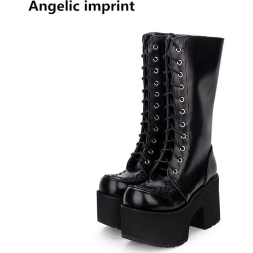 Angelic imprint new mori girl lady lolita punk Boots woman high heels wedges pumps Women princess dress party shoes 33-47 10cm