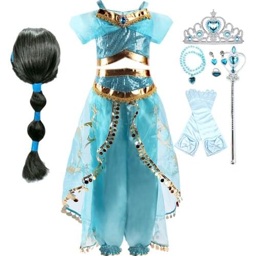Girl Jasmine Cosplay Costume Kids Dress Up Arabian Princess Dress Children Summer Dress Baby Girl Birthday Party Halloween Dress