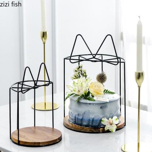 European-style Black Wrought Iron Cake Stand Round Wooden Ceramic Plate Dessert Dessert Bread Plate Kitchen Tableware Set Modern