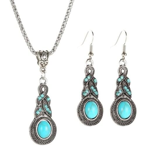 Ethnic Blue Stone Jewelry Sets Tibetan Silver Turquoise Necklace Earring Jewelry