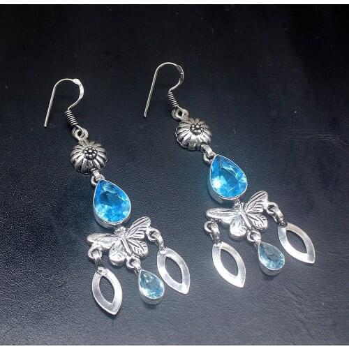 Gemstonefactory Big Promotion 925 Silver Glowing Vintage Blue Topaz Women Ladies Gifts Dangle Drop Earrings 20212138