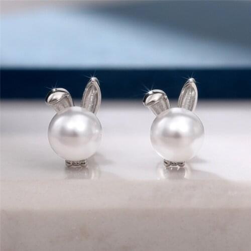 Huitan Fashion Rabbit Earrings with Round Simulated Pearl Design Funny Womens Stud Earrings Piercing Teen Gift Girls Jewelry