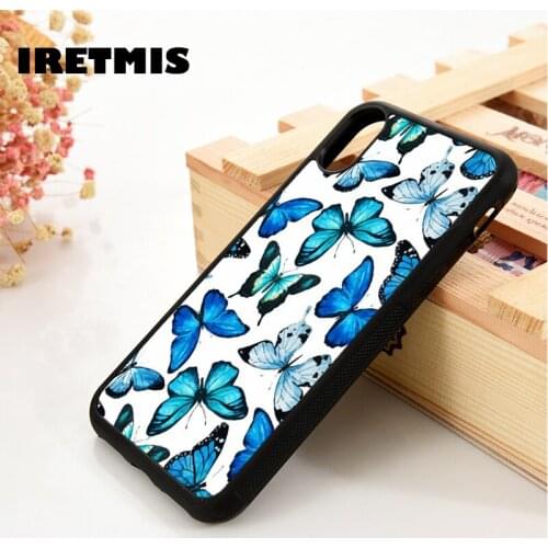 Iretmis 5 5S SE 6 6S TPU Silicone Rubber phone case cover for iPhone 7 8 plus X Xs 11 Pro Max XR Blue Butterflies