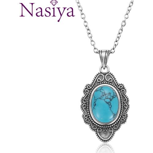 NASIYA Classic Natural Turquoise Necklace Pendants 925 Sterling Silver Jewelry for Women Party Valentine Day Gifts with Chain