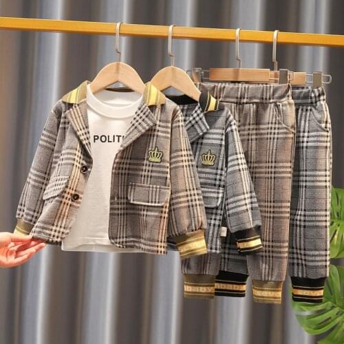 2021 Fashion Spring Autumn Baby Boys Plaid Clothes Set Kids Crown Print Coat+White T-shirt +Pants 3-piece Toddler Girls Clothing