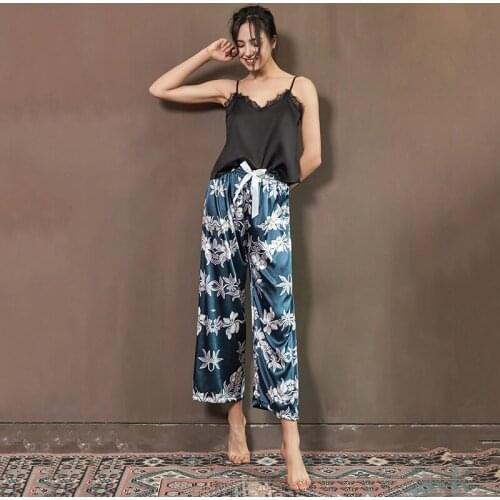 Women Pajamas Set Satin Nightwear 2021 New Sleepwear 2PCS Cami Pants Suit Faux Silk Pyjama Pour Femme Print Flower Home Clothes