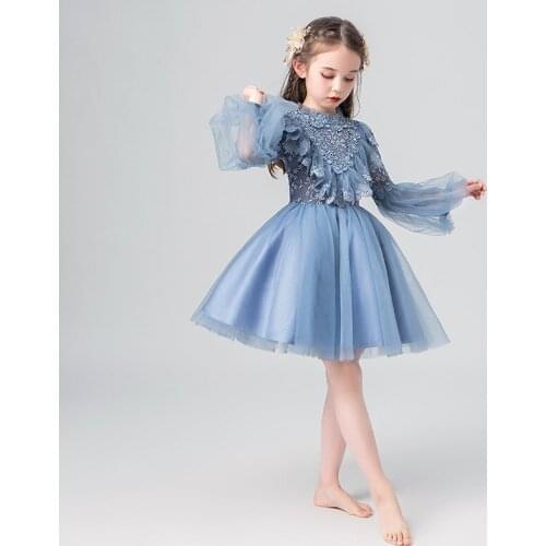 Baby Girl Catwalk Costume Blue Puffy Dress 2021 New Childrens Birthday Princess Dress Small Host Evening Dress Boat Neck