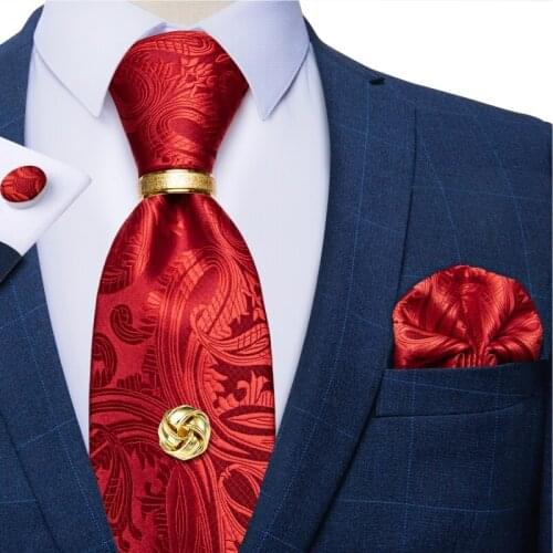 Paisley Floral Red Ties For Men Wedding Party Neck Tie Handkerchief Cufflinks Set With Luxury Tie Ring Tie Tack With Chain