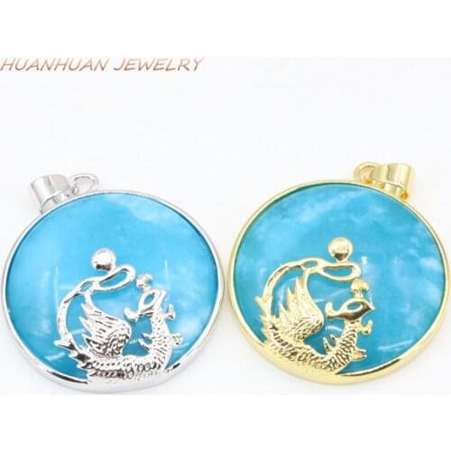 New Arrival Women Pendant Chain Necklace Stainless Steel Circle Round 32mm Blue Natural Stone Jades Pendants Dragon Inlay B3327