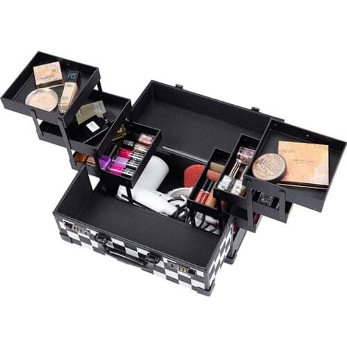 Professional Portable Beauty Manicure Embroidery Makeup Artist Suitcase Big Organizer Black Cosmetic Box Checkered Vanity Case