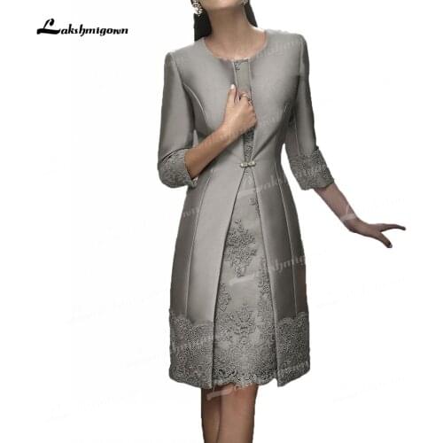 Silver Mother of the Bride Groom Dresses Suit with Long Jacket Vintage 2 Pieces Tea Length Kurti vestido de festa madrinha
