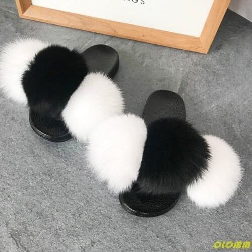 Hairy Balls Slippers Women Fluffy Real Fox Fur Slides Furry Raccoon Fur Sandals Ladies Cute Fur Ball Flip Flops Rainbow Shoe