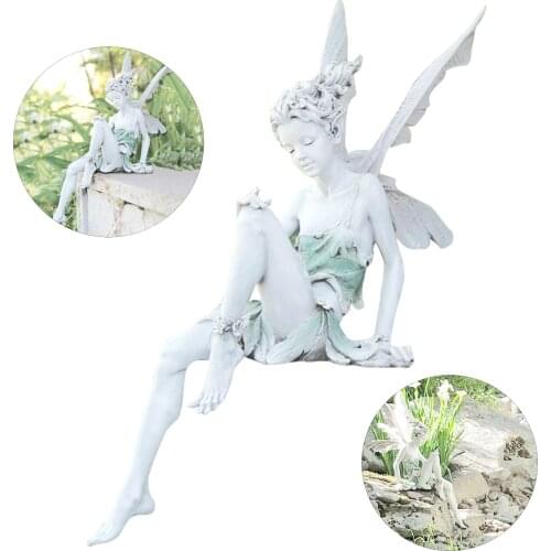 Resin Fairy Statue with Wing Decorative Garden Pond Sitting Fairy Ornament, Lawn Faery Sculpture Decoration Housewarming Gift