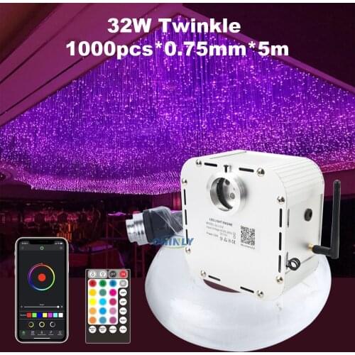 Twinkle 32W Bluetooth Control Remote Fiber Optic Light Starry Sky Effect Ceiling Kit 1000pcs 5m 0.75mm Optical Fiber Cable