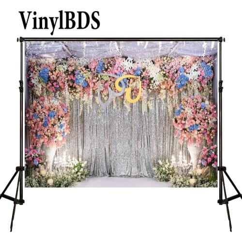 VinylBDS Flower Wedding Celebration Backdrops Silver Curtain Decoration Backdrop Romantic Wedding Party Photo for Photocall