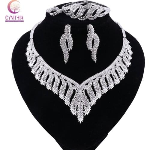 CYNTHIA African Wedding Jewelry Set Women Fashion Bridal Dubai Silver color Crystal Necklace Bracelet Ring Earrings Sets Jewelry