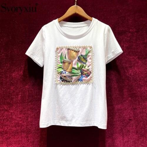 Svoryxiu Runway Fashion Summer Womens Short Sleeve T Shirts Short Sleeve Crystal Diamond Print White Tops Tees Female