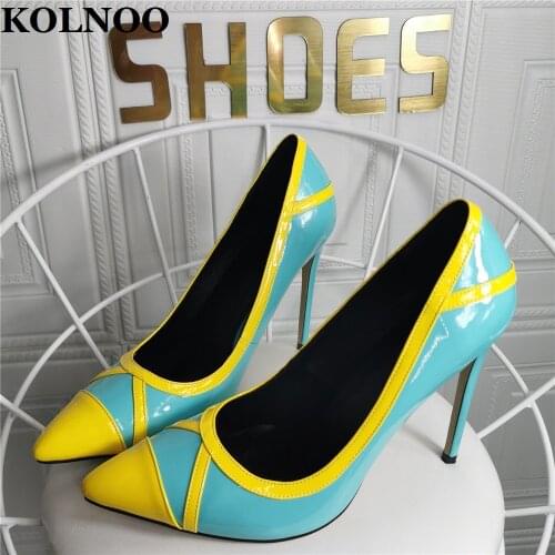 KOLNOO 2022 Simple Style Womens High Heels Pumps Real Photos Pointy Patent Leather Sexy Party Office Evening Fashion Court Shoes