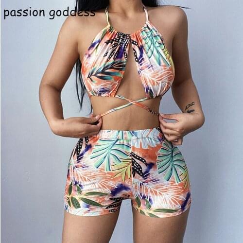 Summer 2021 Beach Women Sexy Two Piece Set Halter Sleeveless Lace Up Crop Top Bodycon Bandage Elastic Shorts Suit Female Outfits