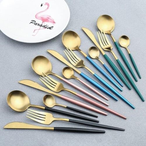 4pcs/set 304 Stainless Steel Pink Gold Silverware Cutlery Set Knife Spoon Fork Chopsticks Dinnerware Sets Coffee Dessert Scoops
