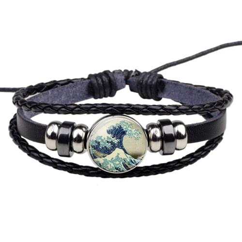 Great Wave Kanagawa Art Glass Beads Button Bracelet Handmade Leather Bracelet Women Mens Fashion Jewelry Accessories