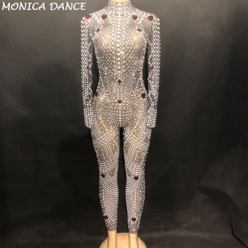Women Sexy Stage Bling Jumpsuit Net Yarn Full Of Glass Sparkling Crystals Pearls Bodysuit Nightclub Party Stage Wear