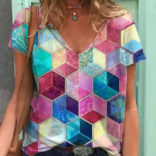 Flower pattern T-Shirts Plus Size Women Short Sleeve Printed V-Neck blusas mujer manga corta young beauty tshirts