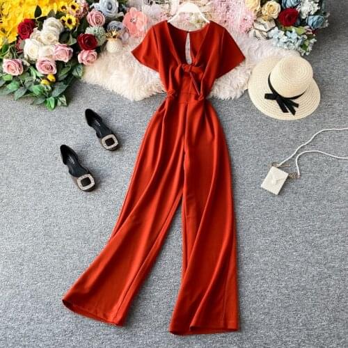 Summer Women Deep V-neck Sexy Jumpsuits Solid Color Wide-Leg Full Length Pants Rompers Ladies Party Playsuit Overall Outfit 1988